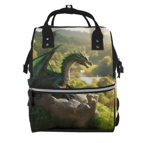 Balery Deep Forest Stone Green Dragon Mummy Backpack - Waterproof Twill Canvas, Large Capacity Diaper Bag with Multiple Pockets and Adjustable Straps