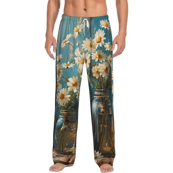 Balery Delicate White Daisy Jars print Men's Pajama Pants,Ultra Lightweight Pjs,Lounge Pant-Medium