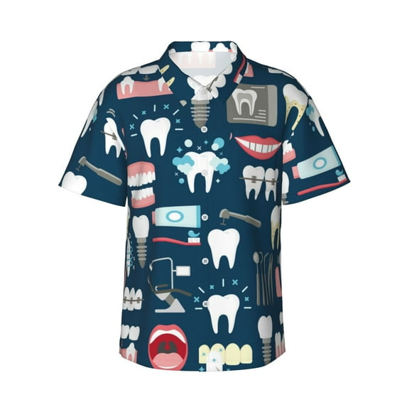 Balery Dental Print Men's Hawaiian Shirts Short Sleeve Beach Shirt Relaxed Fit Vacation Button Down Shirts-Large