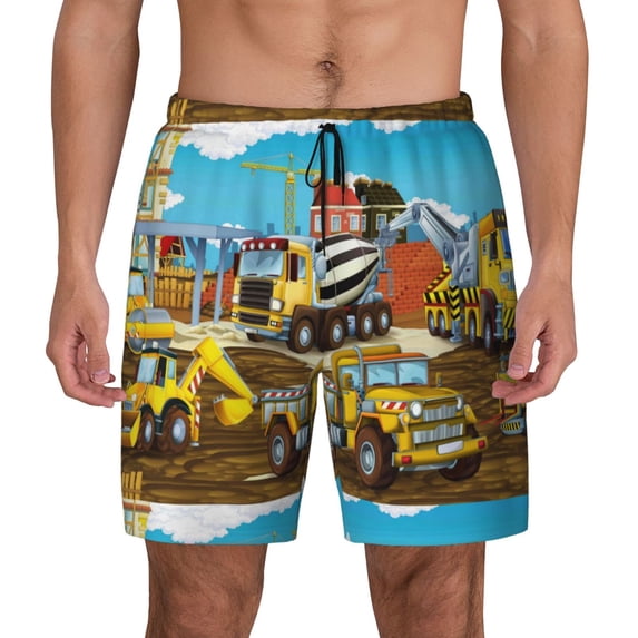 Balery Different Construction Site Vehicles Mens Swim Trunks Swim Shorts for Men Quick Dry Inseam Beach Shorts with Compression Liner Pocket-Large