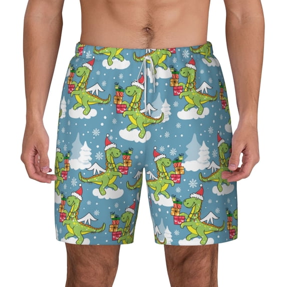 Balery Dino Christmas Adventure Snowy Blue Mens Swim Trunks Swim Shorts for Men Quick Dry Inseam Beach Shorts with Compression Liner Pocket-Small
