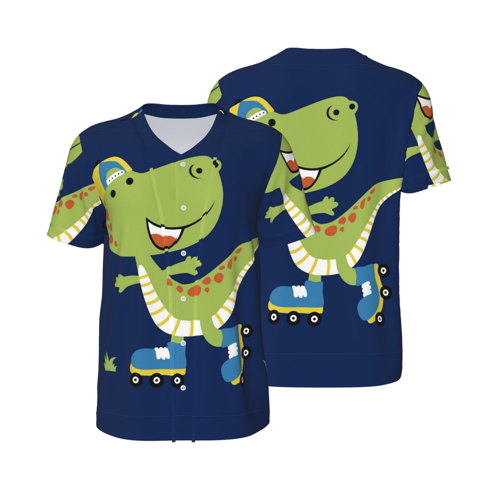 Balery Dino Playing Roller Skate Baseball Jersey for Men Casual Button