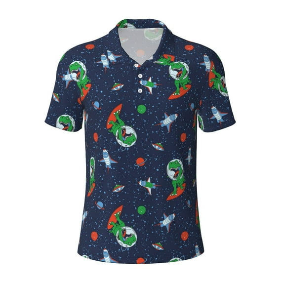 Balery Dinosaur Astronaut Printed Men’s Short Sleeve Polo Shirt, Midweight Men's Shirt,Golf Polo shirts -3X-Large