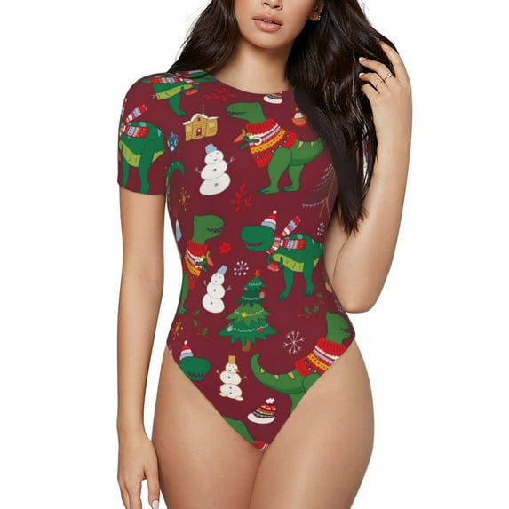 Balery Dinosaur Christmas Happy New Year Women's Short Sleevee Crew Neck Bodysuit Tops Short Sleeve Tops Basic-XX-Large