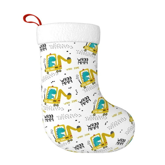 Balery Dinosaur on Excavator Pattern Christmas Stockings with Initials, 18" Large Knit Christmas Stocking,Xmas Stocking for Kids, Holiday and Family Stocking