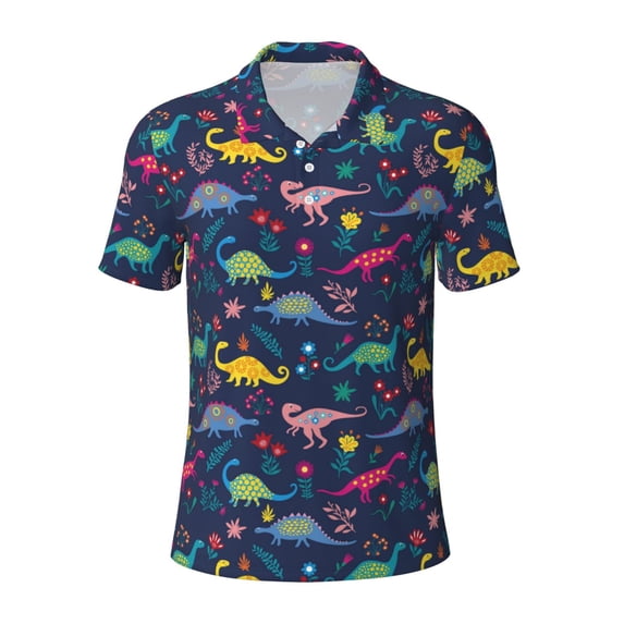 Balery Dinosaur Flowers Printed Men’s Short Sleeve Polo Shirt, Midweight Men's Shirt,Golf Polo shirts -X-Large