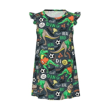 Balery Dinosaur Plays Soccer Princess Nightgown for Girls Flutter Sleeve Cotton Pajamas Dress,Soft & Cute Pajamas for Kids-X-Large