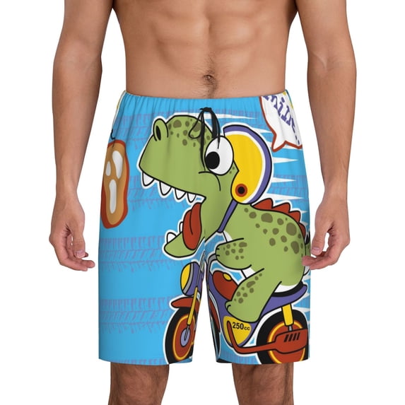 Balery Dinosaur Riding a Motorcycle Men's Cotton Knit Pajama Shorts Waistband & Pockets,Short Pajama Pants-Medium
