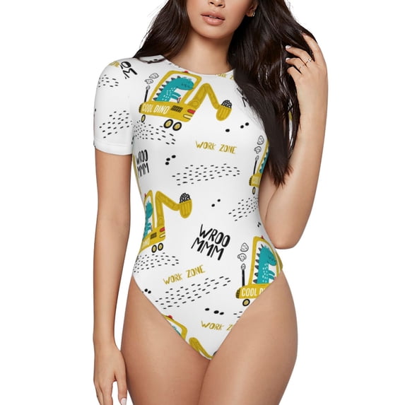 Balery Dinosaur on Excavator Women's Short Sleevee Crew Neck Bodysuit Tops Short Sleeve Tops Basic-Medium