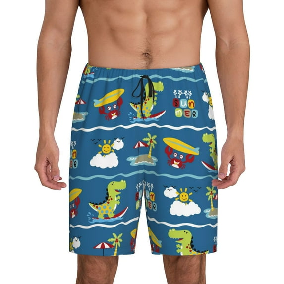 Balery Dinosaur on the Beach Vacation Men's Cotton Knit Pajama Shorts Waistband & Pockets,Short Pajama Pants-3X-Large