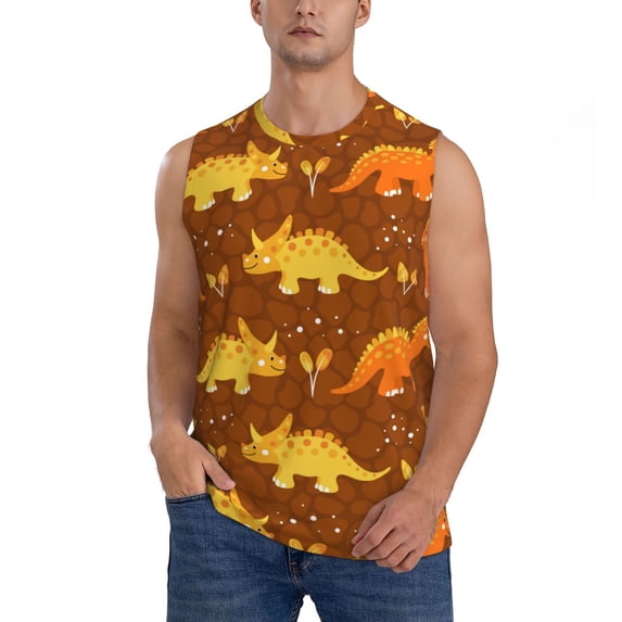Balery Dinosaurs and Leaves Men's Sleeveless Muscle Shirts Workout Tank Top, Moisture Wicking, Odor Protection-Medium