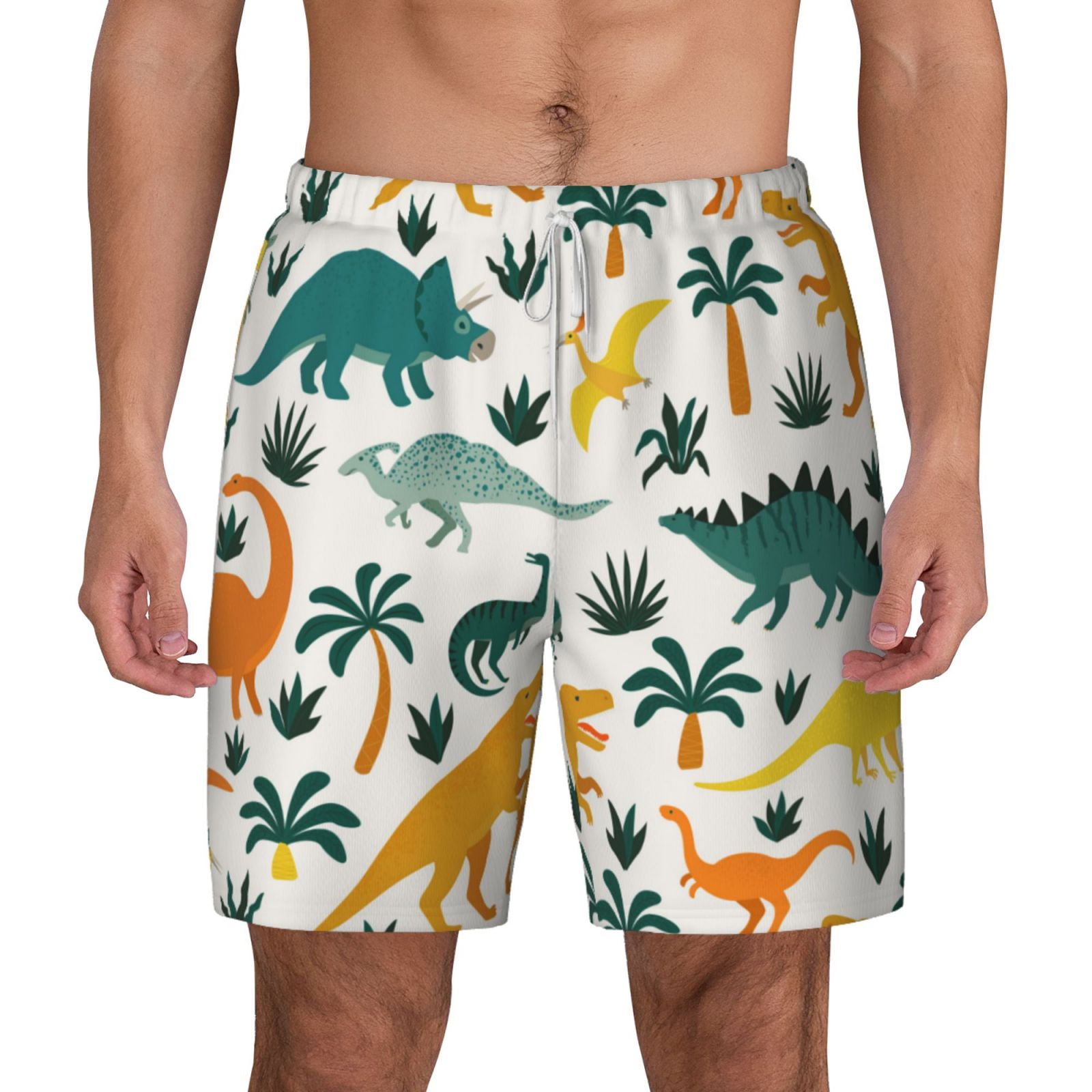 Balery Dinosaurs and Tropical Leaves Mens Swim Trunks Swim Shorts for