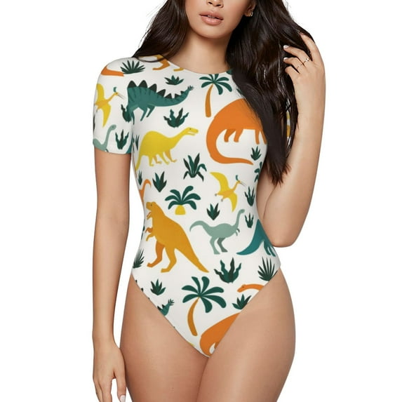 Balery Dinosaurs and Tropical Leaves Women's Short Sleevee Crew Neck Bodysuit Tops Short Sleeve Tops Basic-Large