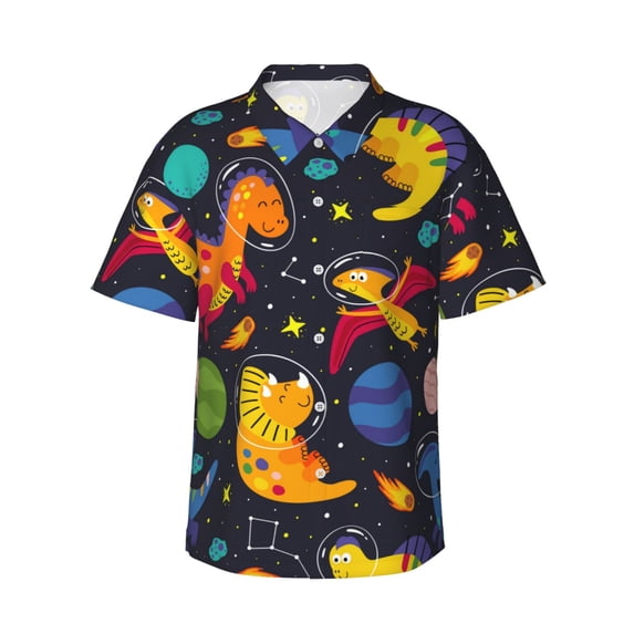 Balery Dinosaurs in Space Print Men's Hawaiian Shirts Short Sleeve Beach Shirt Relaxed Fit Vacation Button Down Shirts-XX-Large