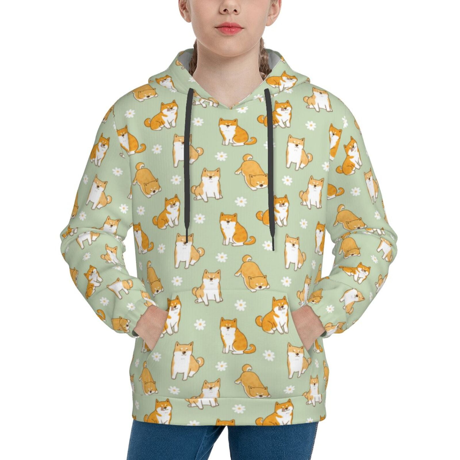 Balery Dog And Flower Pattern Boys Hoodie, Youth Pullover Hooded