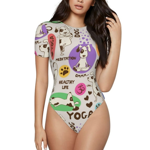 Balery Dog Doing Yoga Women's Short Sleevee Crew Neck Bodysuit Tops Short Sleeve Tops Basic-XX-Large