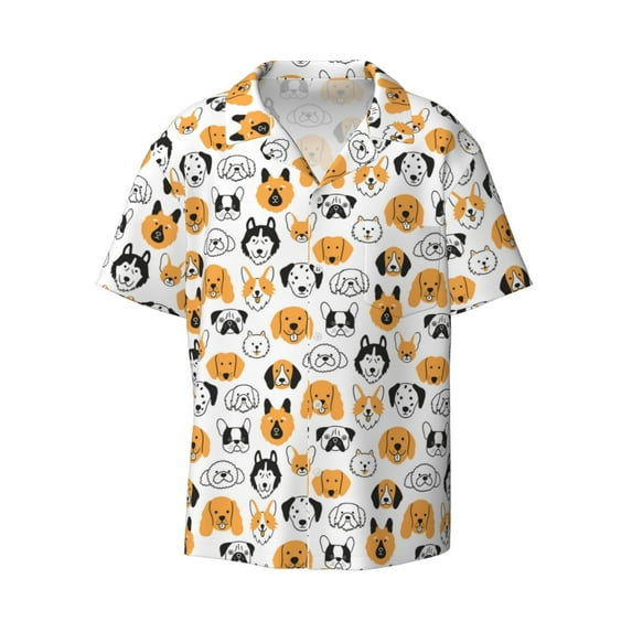 Balery Dog Faces Men's Casual Button Down Shirt Short Sleeve Textured Summer Cuban Beach Shirts-X-Large