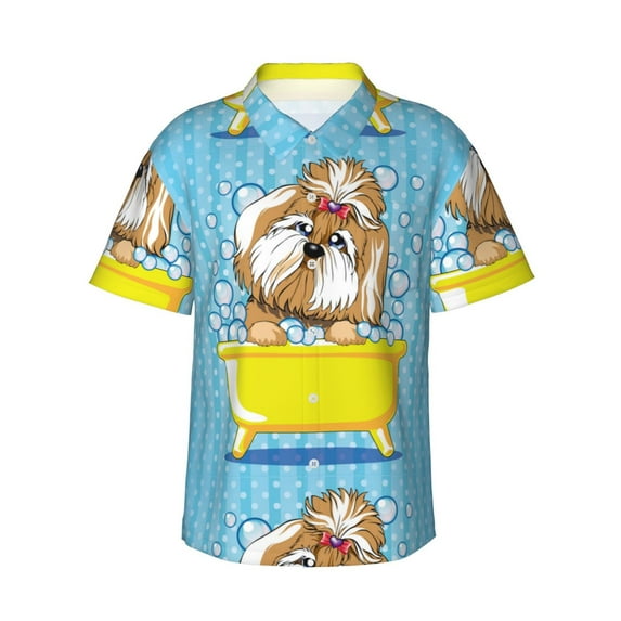 Balery Dog Takes a Bath in the Bathtub Print Men's Hawaiian Shirts Short Sleeve Beach Shirt Relaxed Fit Vacation Button Down Shirts-Large
