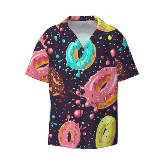 Balery Donuts1 Men's Casual Button Down Shirt Short Sleeve Textured Summer Cuban Beach Shirts-Small