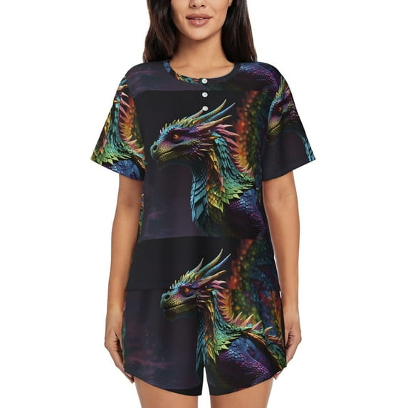 Balery Dragon with Colorful Tail Pattern Womens Pajama Sets 2 Piece Soft Short Sleeve Top and Shorts Sleepwear Round Neck Pjs Lounge Set with Pockets-3X-Large