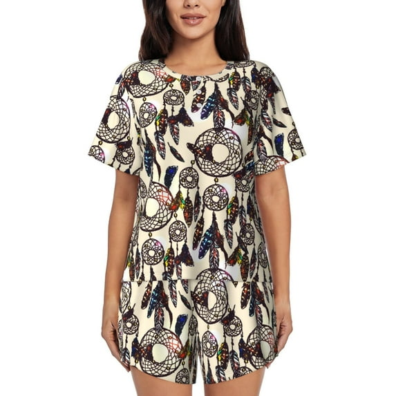 Balery Dreamcatcher Pattern Womens Pajama Sets 2 Piece Soft Short Sleeve Top and Shorts Sleepwear Round Neck Pjs Lounge Set with Pockets-3X-Large
