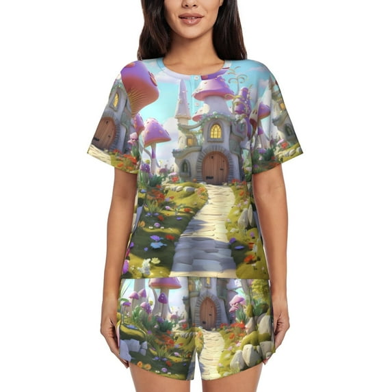 Balery Dreamy Mushroom House Pattern Womens Pajama Sets 2 Piece Soft Short Sleeve Top and Shorts Sleepwear Round Neck Pjs Lounge Set with Pockets-3X-Large