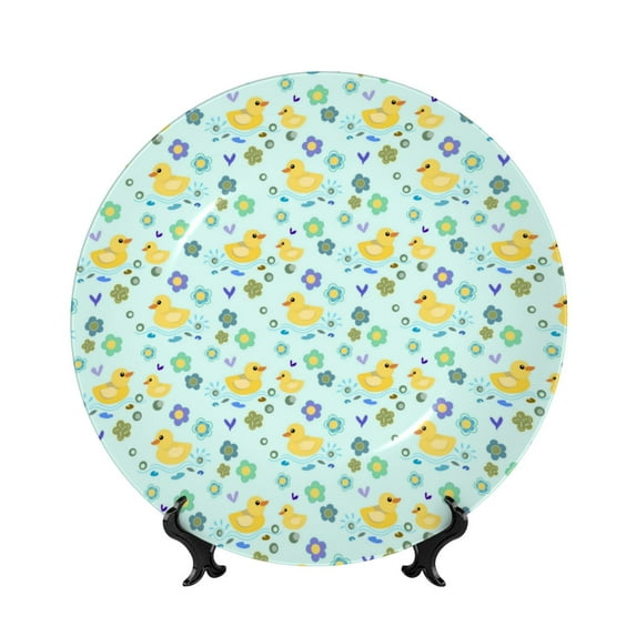 Balery Duck Cartoon Print Bone China Decorative Plate Ceramic Dinner Plates Art Crafts with Display Stand-8in