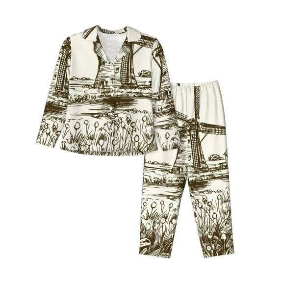 Balery Dutch Windmill Pattern Pajama Sets for Women Long Sleeve 2 Piece Sleepwear Loungewear Sets Soft PJ's with Pockets Long Sleeve Comfy Pj Sets-XX-Large