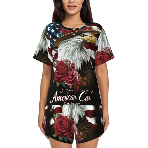 Balery Eagle With Hat And Roses Pattern Womens Pajama Sets 2 Piece Soft Short Sleeve Top and Shorts Sleepwear Round Neck Pjs Lounge Set with Pockets-Medium