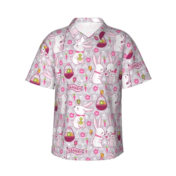 Balery Easter Rabbit Print Men's Hawaiian Shirts Short Sleeve Beach Shirt Relaxed Fit Vacation Button Down Shirts-
