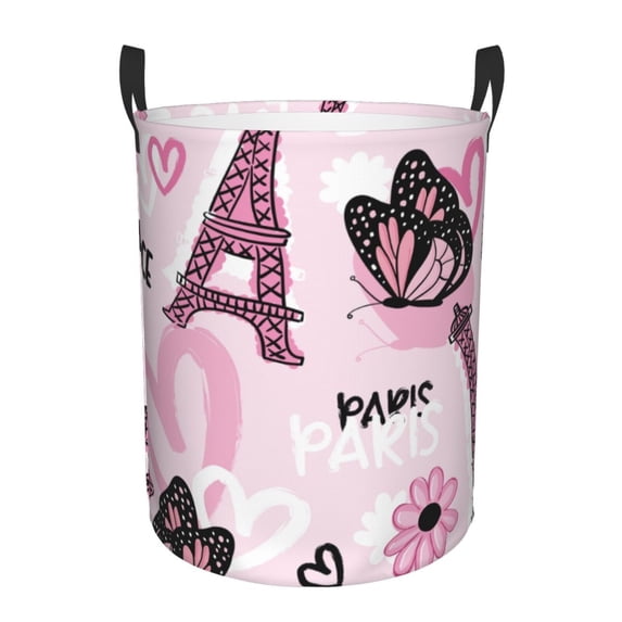 Balery Eiffel Tower and Butterflies Round Laundry Basket with Handles Waterproof Freestanding Laundry Hamper for Clothes Toys in the Dorm and Family-Small