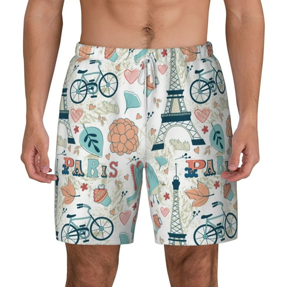 Balery Eiffel Tower Mens Swim Trunks Swim Shorts for Men Quick Dry Inseam Beach Shorts with Compression Liner Pocket-Small