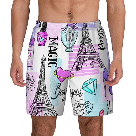 Balery Eiffel Tower and Hearts Mens Swim Trunks Swim Shorts for Men Quick Dry Inseam Beach Shorts with Compression Liner Pocket-XX-Large