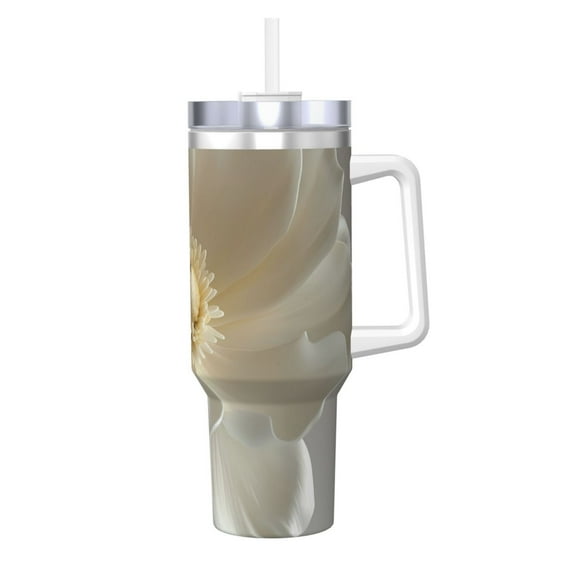 Balery Elegant Ivory Flower Pattern 40oz Stainless Steel Tumbler Double Wall Vacuum Insulated Water Bottle Ice Bully Insulated Tumbler With Handle And 2 in 1 Straw Lid