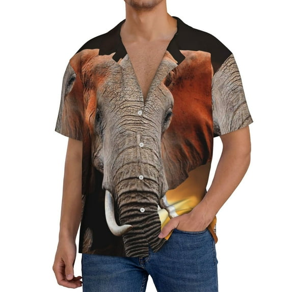 Balery Elephant Sunset in Kenya Men's Casual Button Down Shirt Short Sleeve Textured Summer Cuban Beach Shirts-Small