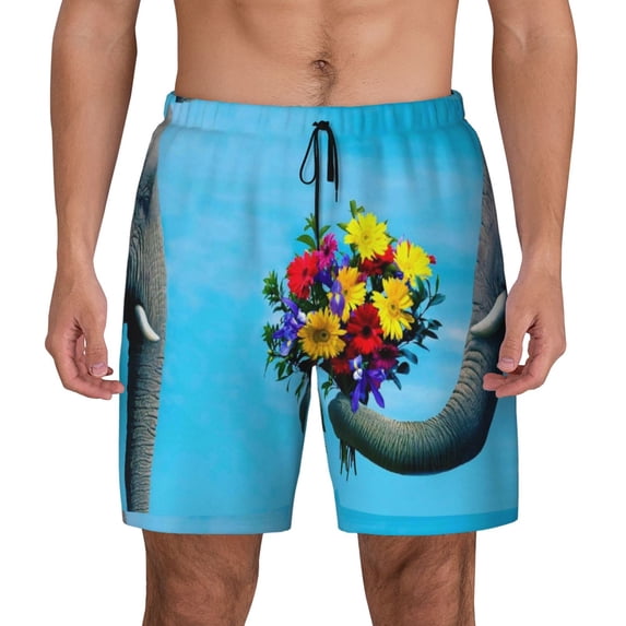 Balery Elephant Trunk Couple Flowers Mens Swim Trunks Swim Shorts for Men Quick Dry Inseam Beach Shorts with Compression Liner Pocket-Small