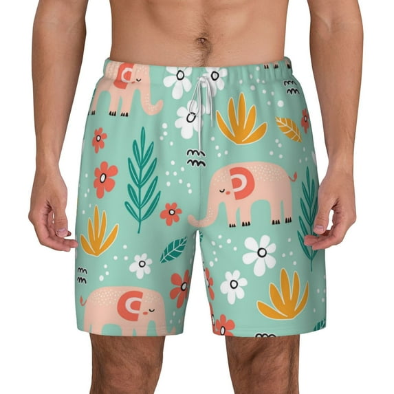 Balery Elephant and Flowers Mens Swim Trunks Swim Shorts for Men Quick Dry Inseam Beach Shorts with Compression Liner Pocket-XX-Large