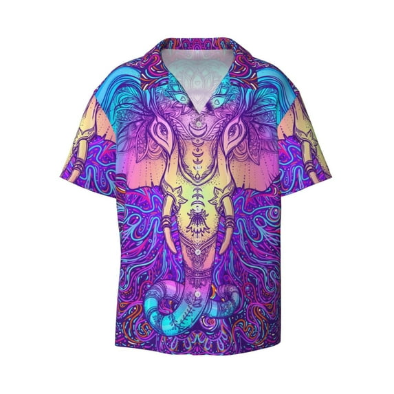 Balery Elephant in Tribal Style Men's Casual Button Down Shirt Short Sleeve Textured Summer Cuban Beach Shirts-X-Large