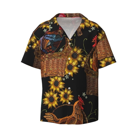 Balery Embroidery Chicken Rooster Men's Casual Button Down Shirt Short Sleeve Textured Summer Cuban Beach Shirts-Medium
