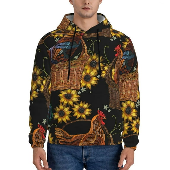 Balery Embroidery Chicken Rooster Pattern Mens Hoodie Kangaroo Pocket Hoodie Pullover Hooded Sweatshirt Ideal for Daily Wear Travel and Home-Medium