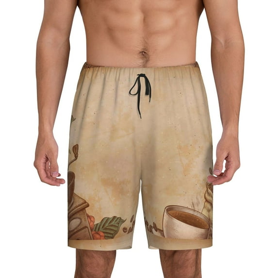 Balery Engraved Coffee On Kraft Paper Men's Cotton Knit Pajama Shorts Waistband & Pockets,Short Pajama Pants-3X-Large