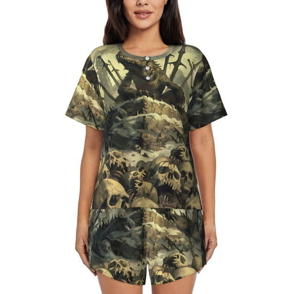Balery Epic Dragon Skull Scene Pattern Womens Pajama Sets 2 Piece Soft Short Sleeve Top and Shorts Sleepwear Round Neck Pjs Lounge Set with Pockets-4X-Large