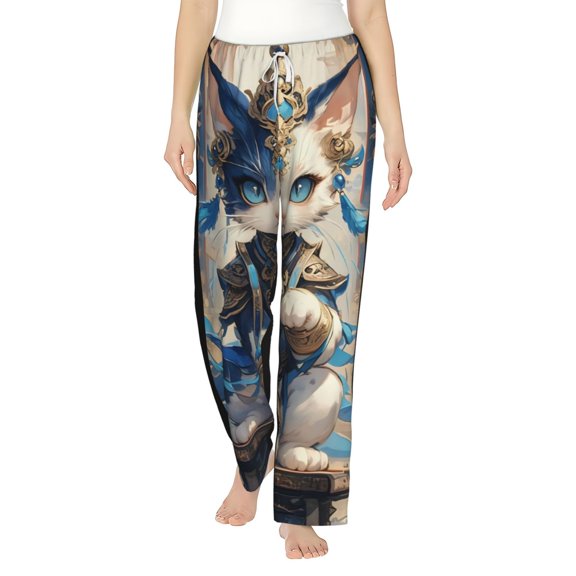 Balery Exotic Blue Cat print Women's Pajama Pants,Ultra Lightweight Pjs,Lounge Pant-Small