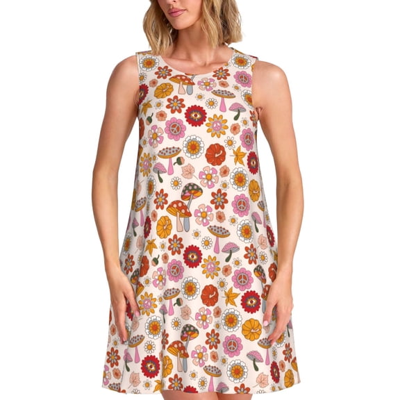 Balery Fall 70s Groovy Hippie Pattern Women’s Summer Dresses – Loose Sleeveless Sundress, Casual and Comfortable Beach Dress for Hot Days
