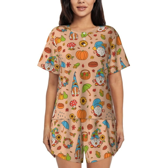 Balery Fall Gnomes1 Pattern Womens Pajama Sets 2 Piece Soft Short Sleeve Top and Shorts Sleepwear Round Neck Pjs Lounge Set with Pockets-Medium