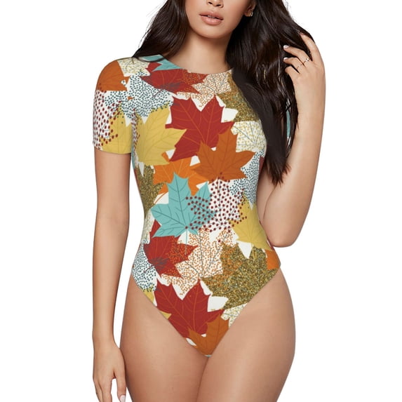 Balery Fall Maple Leaves Women's Short Sleevee Crew Neck Bodysuit Tops Short Sleeve Tops Basic-Large
