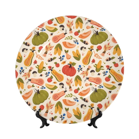 Balery Fall Pumpkin Print Bone China Decorative Plate Ceramic Dinner Plates Art Crafts with Display Stand-6in