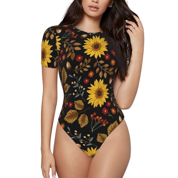 Balery Fall Sunflowers Leaves Women's Short Sleevee Crew Neck Bodysuit Tops Short Sleeve Tops Basic-XX-Large