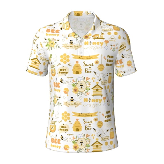 Balery Farm Bee Cute Honey Printed Men’s Short Sleeve Polo Shirt, Midweight Men's Shirt,Golf Polo shirts -XX-Large
