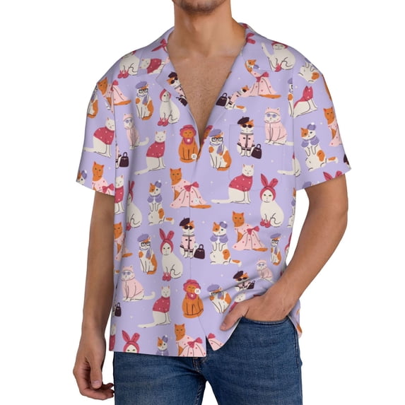 Balery Fashionable Cats Men's Casual Button Down Shirt Short Sleeve Textured Summer Cuban Beach Shirts-Medium